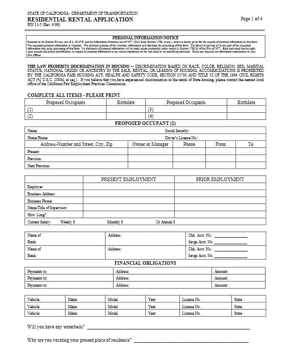 Download Free California Rental Lease Application RW 115 Form